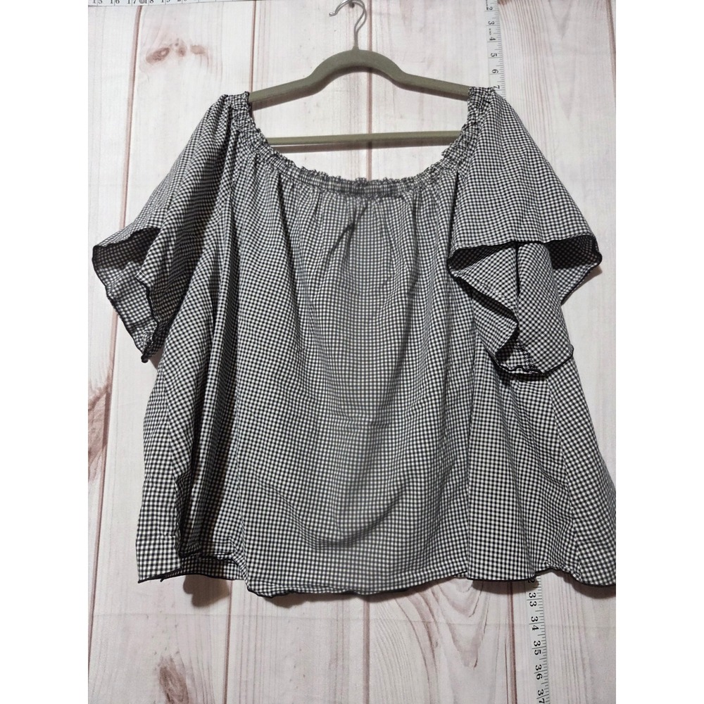Lane Bryant Women's 26 Plus Gingham Off Shoulder Sleeve Blouse Black White‎ Top